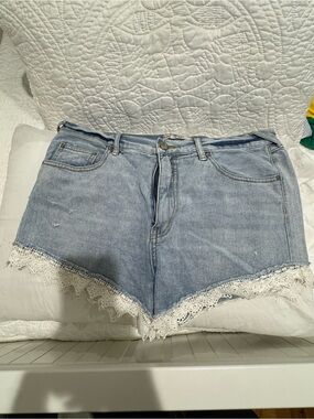 Free People Light Blue Denim Shorts with White Lace Trim
